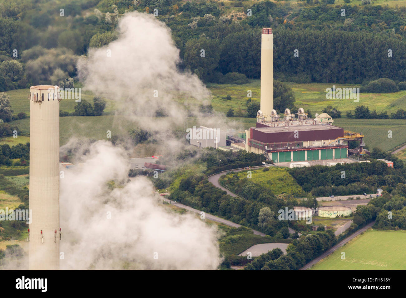 Aerial view, MVA, Incinerator Hamm, smoking chimneys, Hamm, Ruhr Area, North Rhine Westphalia, Germany, Europe, Aerial view, Stock Photo