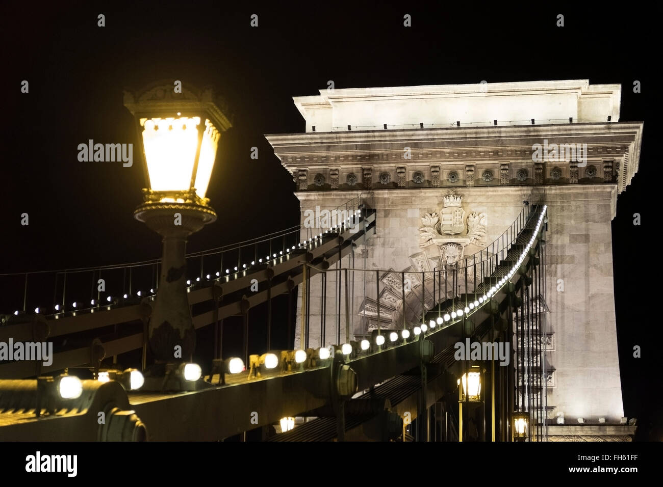 Szechenyi Chain Bridge at Night, Budapest, Hungary Stock Photo