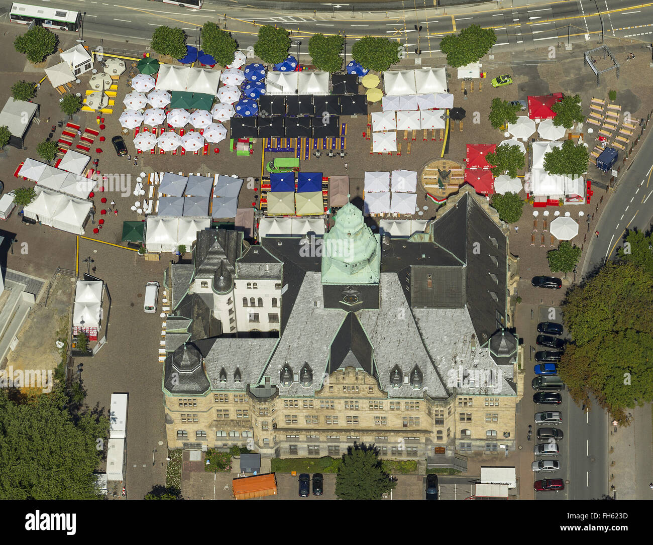 Aerial view, tent city at Rathaus Recklinghausen, gourmet mile, Recklinghausen, Ruhr Area, North Rhine Westphalia, Germany, Stock Photo