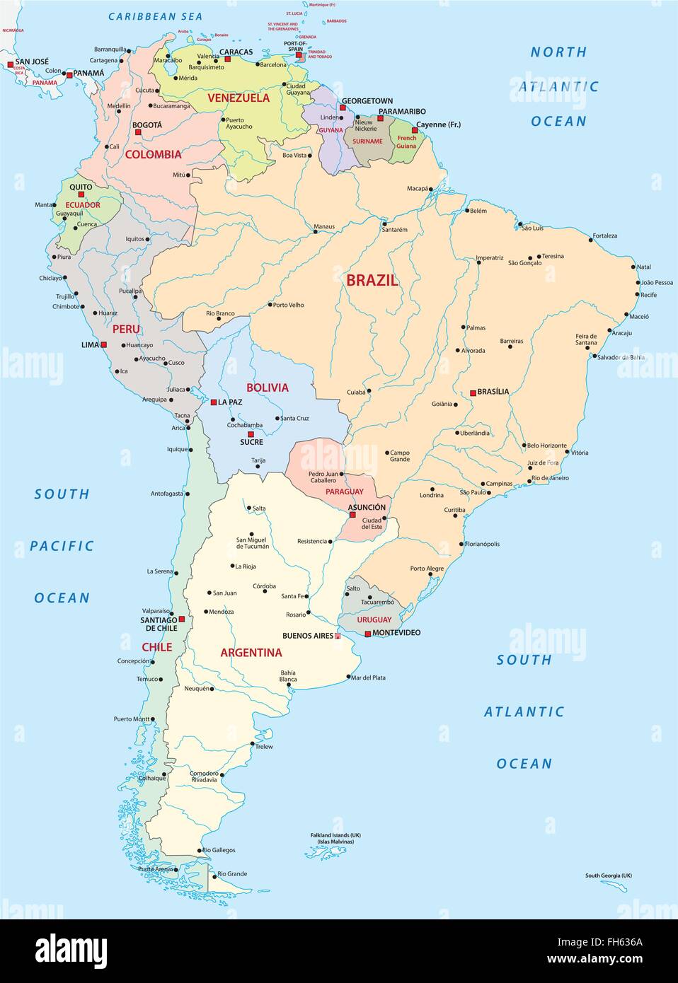 political map of south america Stock Vector