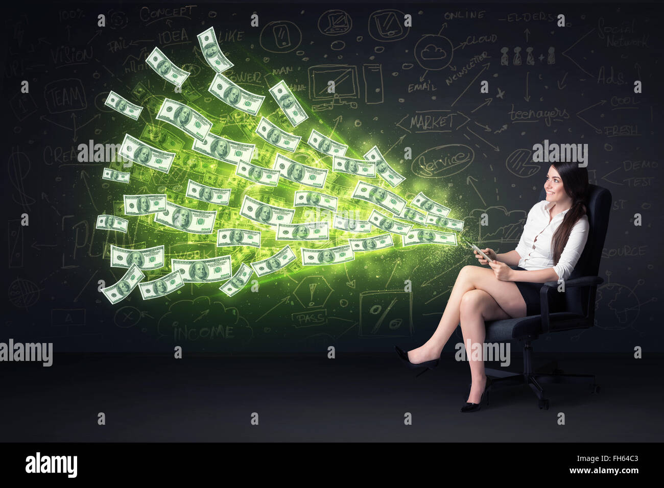 Businesswoman sitting in chair holding tablet with dollar bills coming ...
