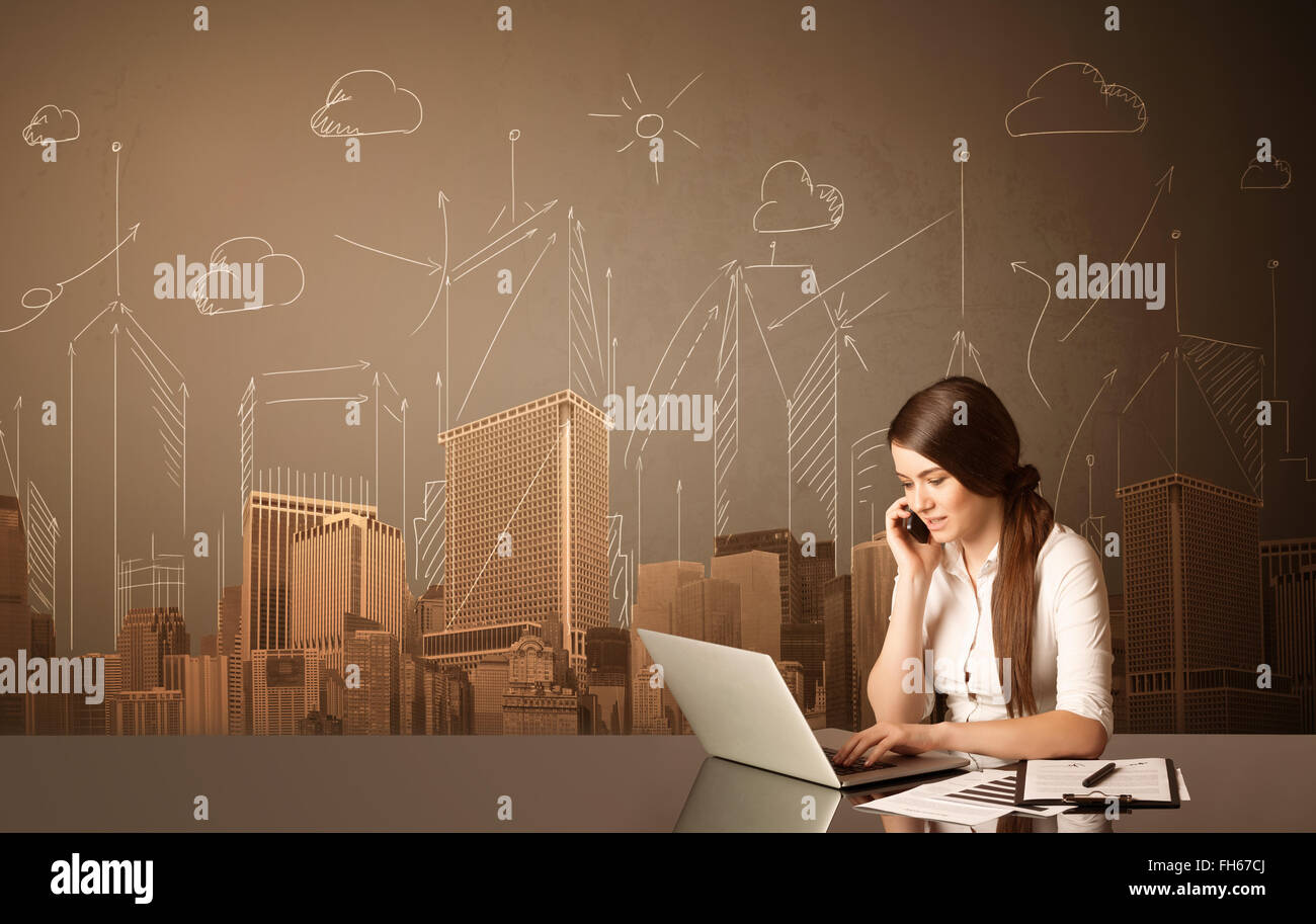 Businesswoman with buildings and measurements Stock Photo