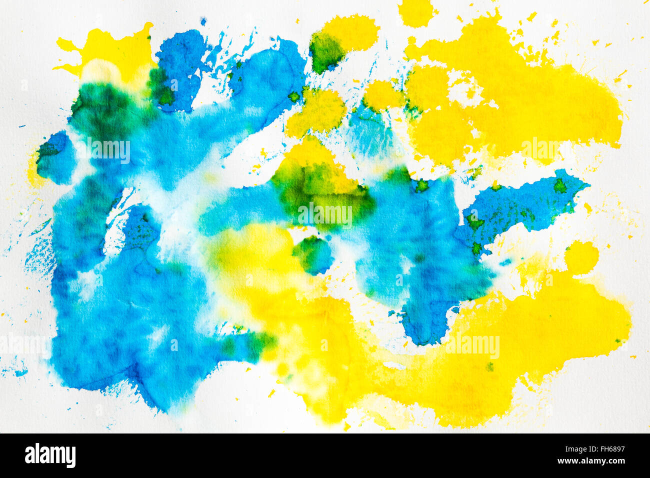 Watercolor blue yellow mix abstract background. Painted on white grainy paper. To use as as a texture or design element. Stock Photo