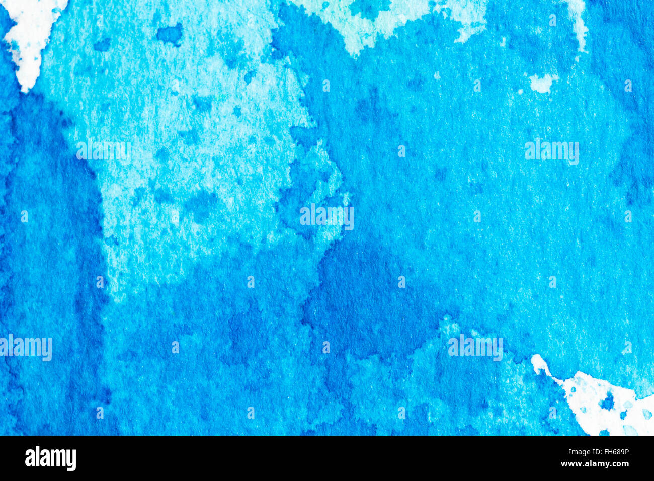 Watercolor blue abstract with ink blots on white grainy paper. To use