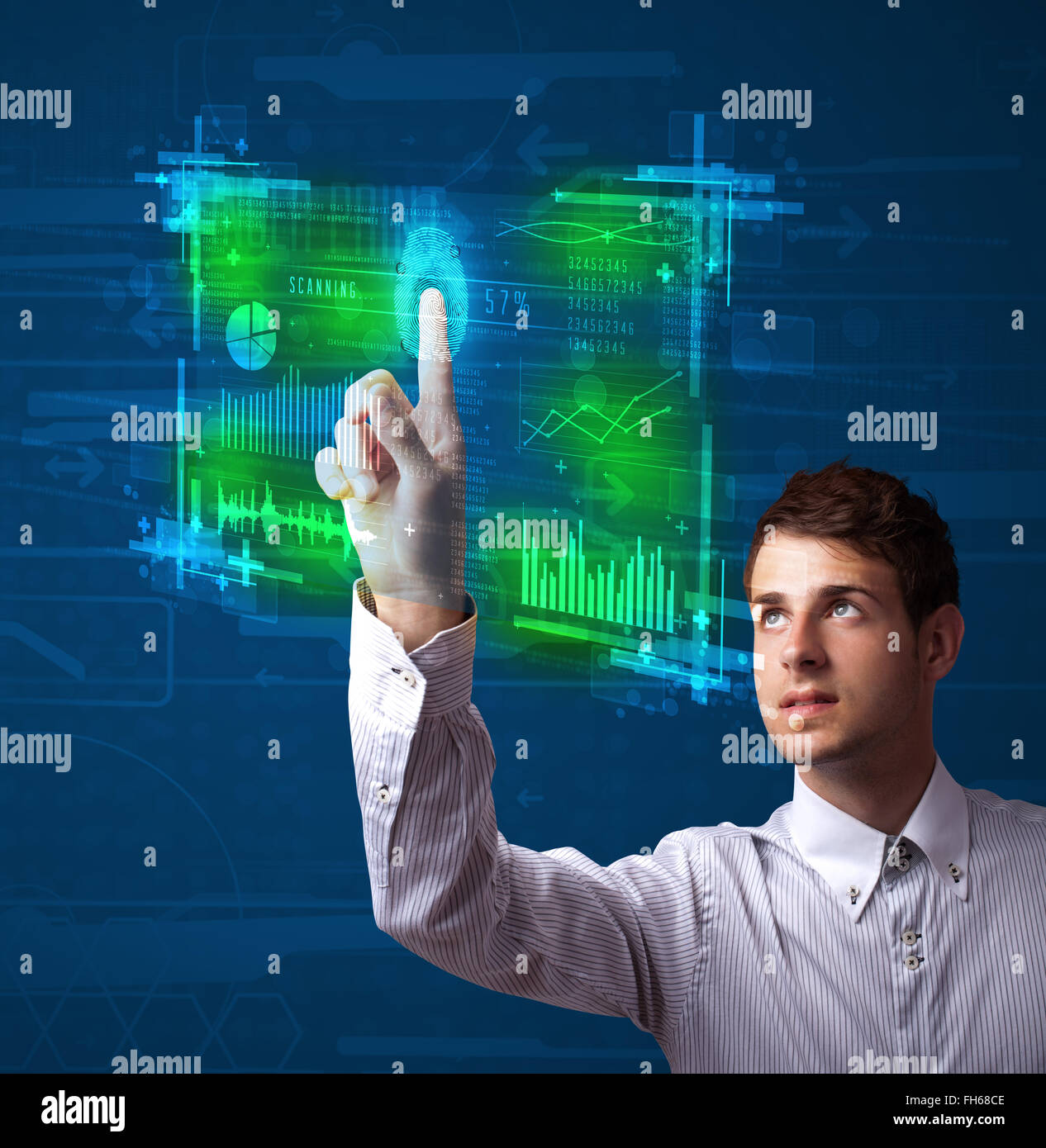 Young businessman pressing modern technology panel with finger print reader Stock Photo