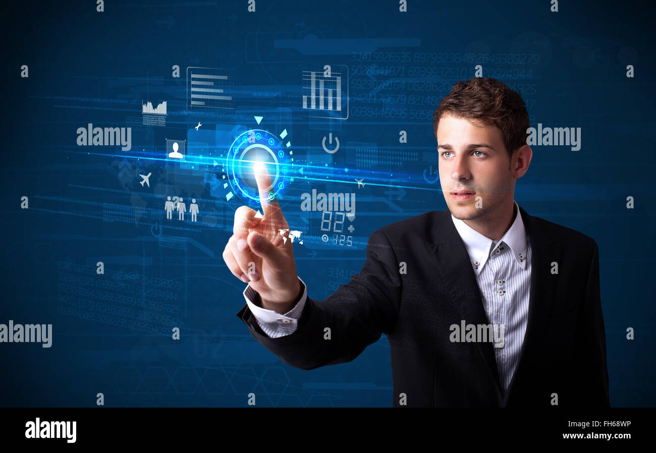 Handsome businessman touching future web technology buttons and icons ...