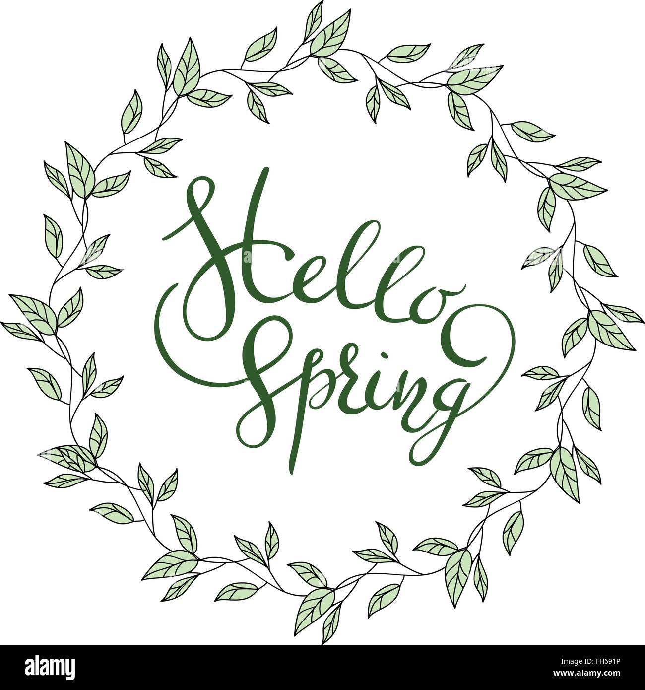 Words Hello Spring with leaves wreath Stock Vector Image & Art - Alamy