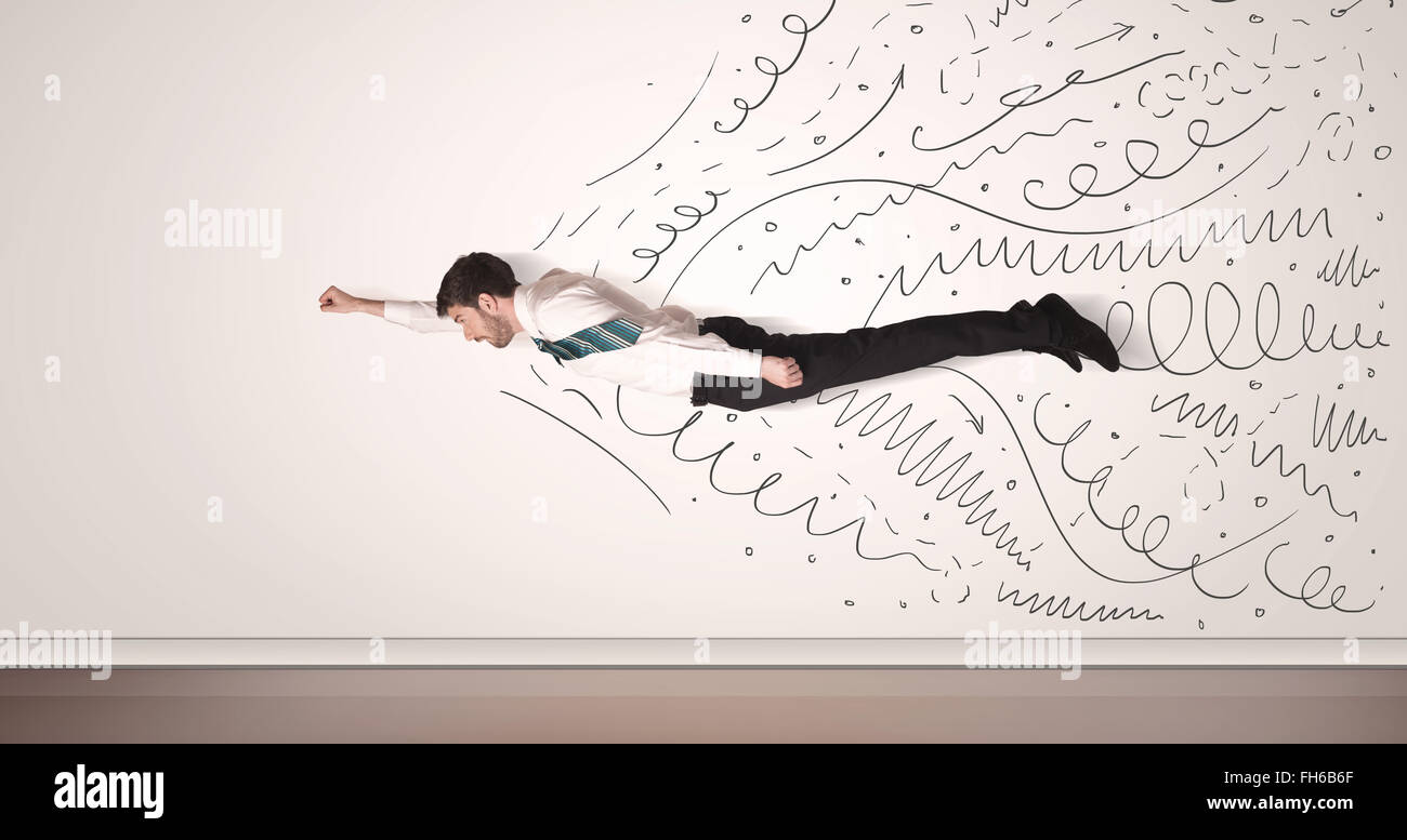 Business man flying with hand drawn lines comming out Stock Photo - Alamy
