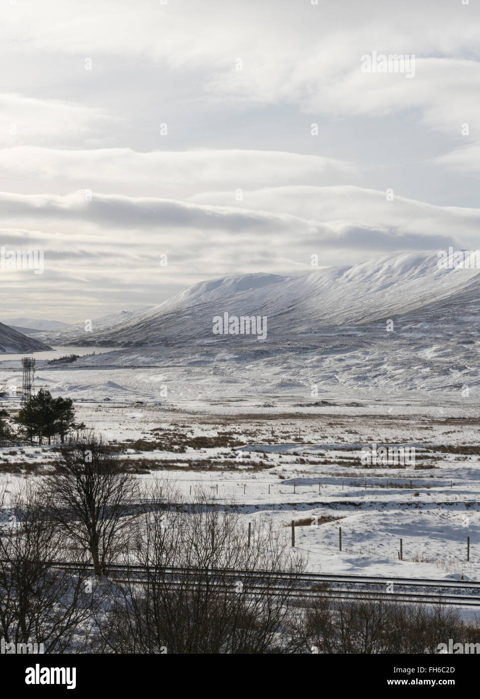 Scottish Highlands winter landscape looking southwest to Meall Doire and Ceann Dubh from Dalnaspidal,Perthshire,Scotland,UK, Stock Photo