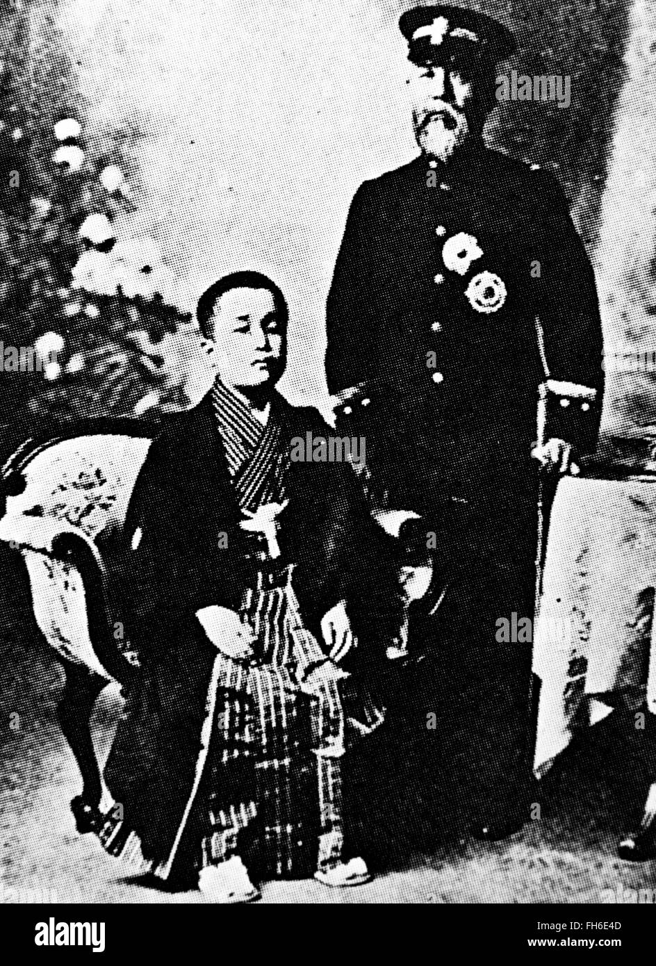Hirobumi Ito and Last Prince of Korean Empire Yi Un in Japanese traditional clothes. Private Collection. Stock Photo