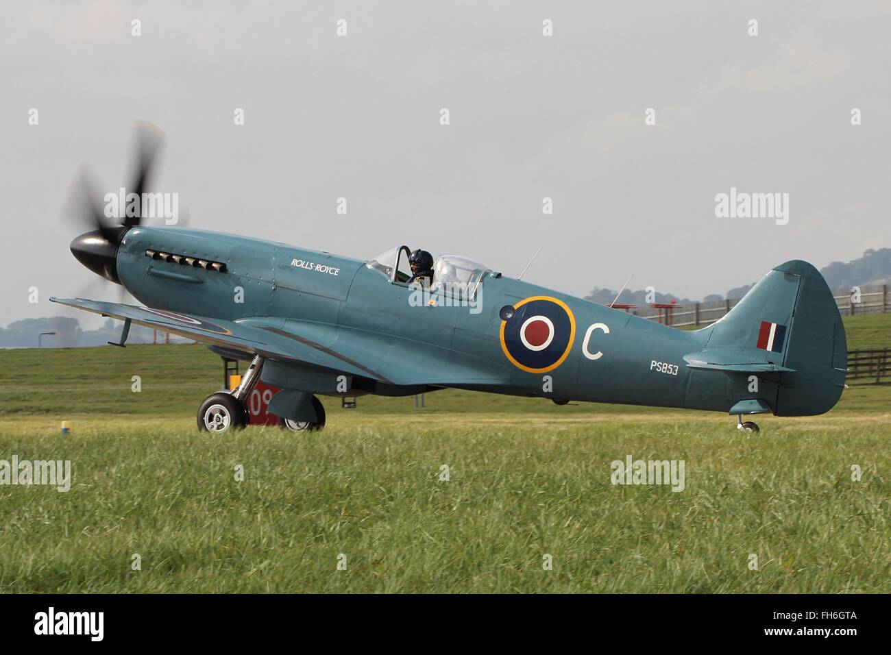 PS853 (G-RRGN), the Rolls Royce Spitfire PR.XIX, is seen as she taxis out to display at the RAF Leuchars Airshow in 2013. Stock Photo