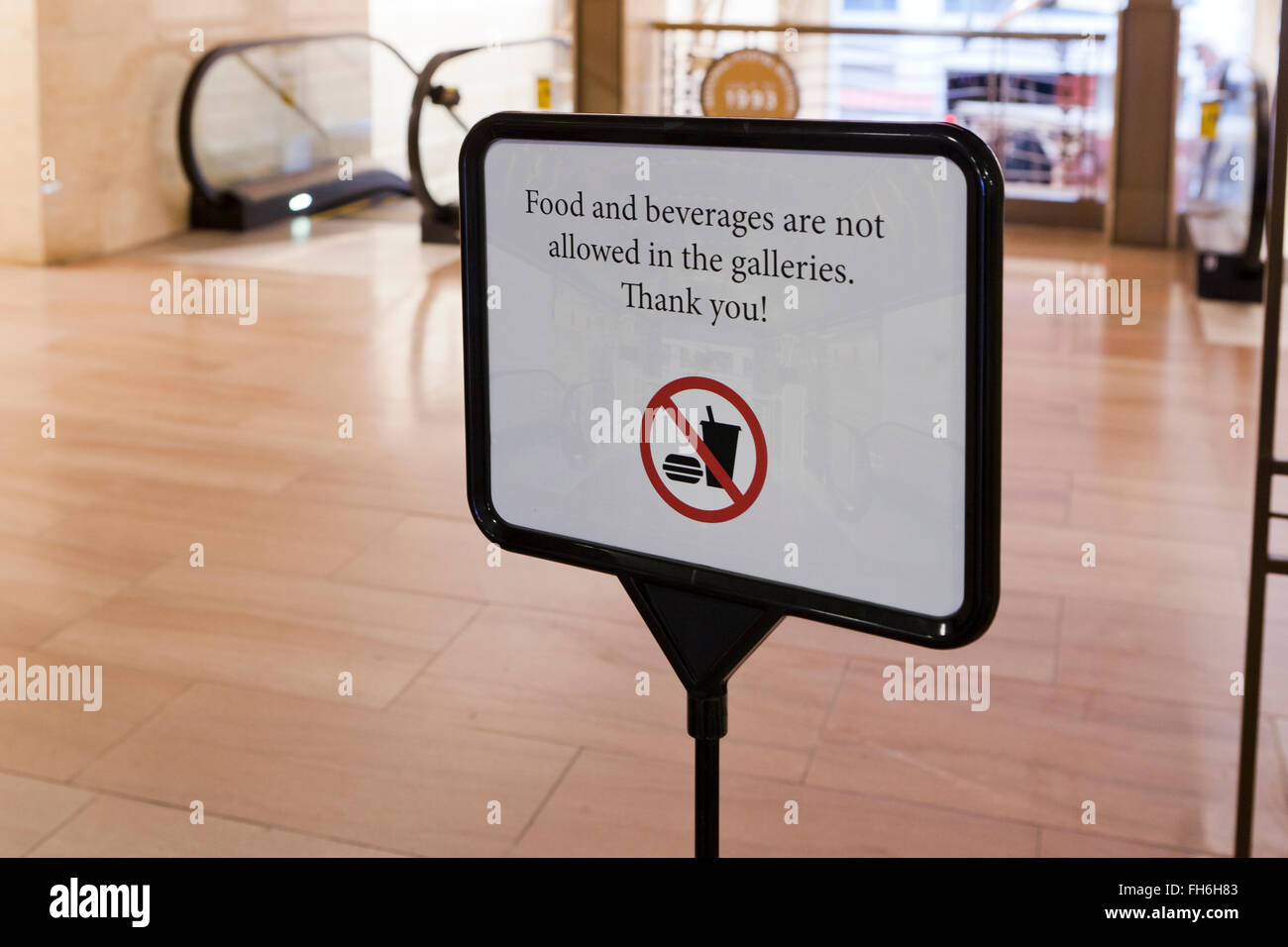 No Food or Drinks sign at museum entrance - USA Stock Photo