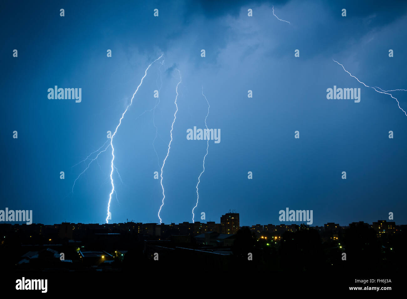 Multiple lightning bolts above Bucharest Stock Photo