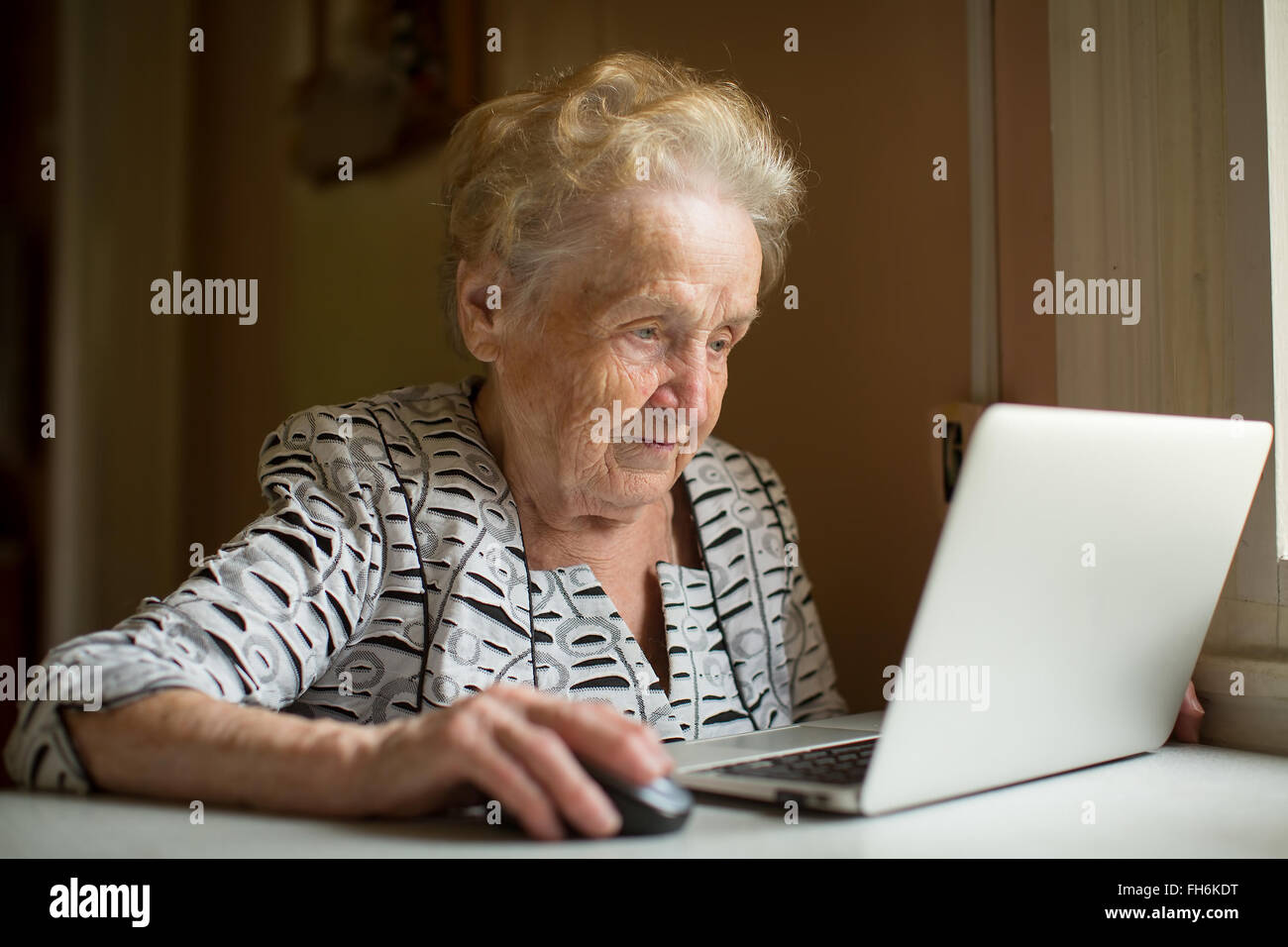 Elderly woman working on laptop sitting near the window. Stock Photo