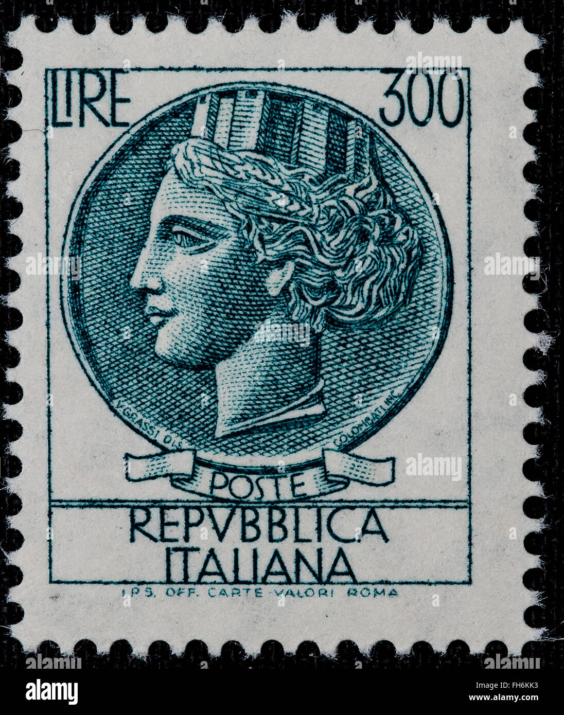 1972 - Italian mint ordinary stamp issue called 'Italia Turrita'. Lire 300 Stock Photo