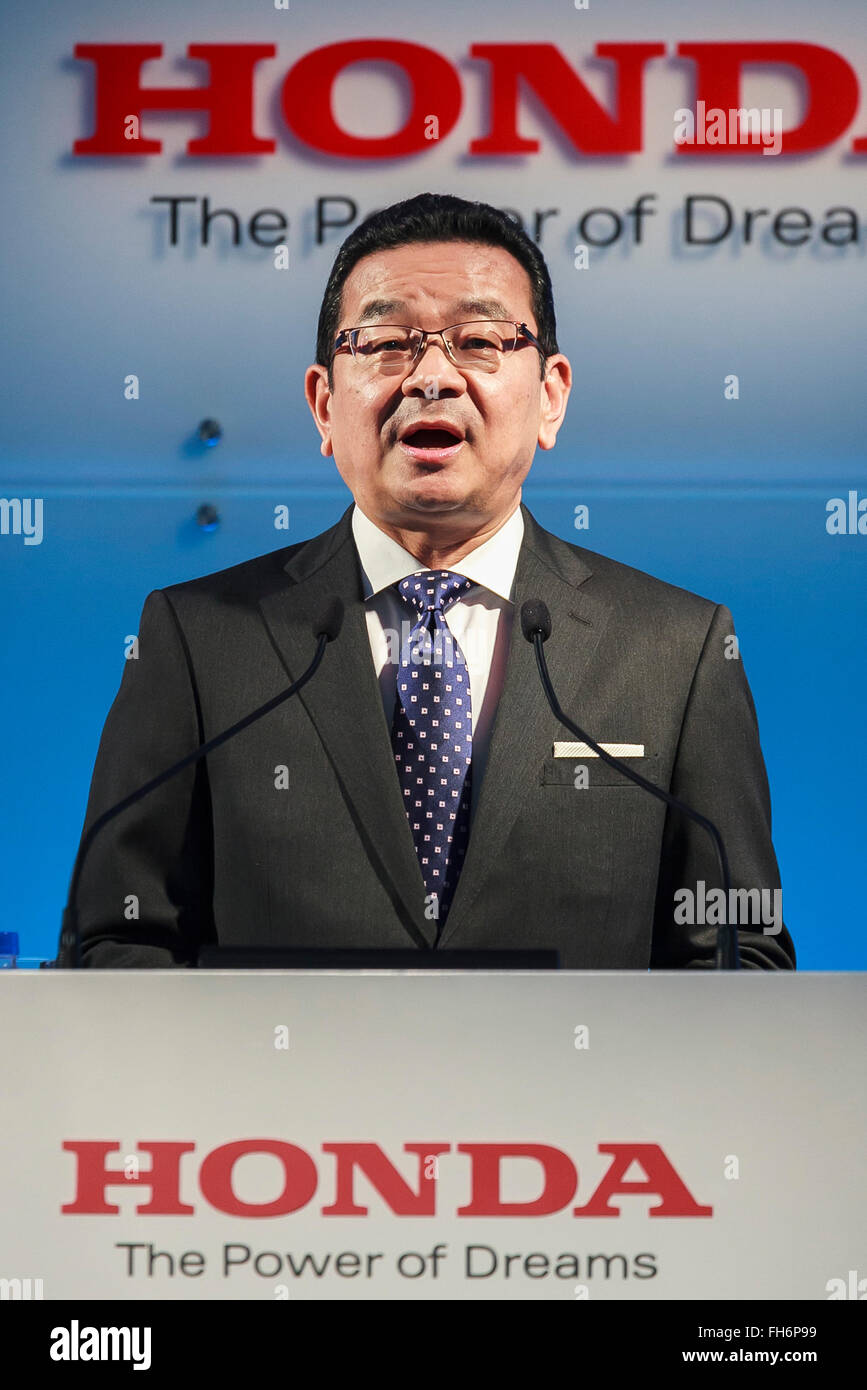 Honda Motors Co., Ltd. President & CEO Takahiro Hachigo speaks during a press conference to