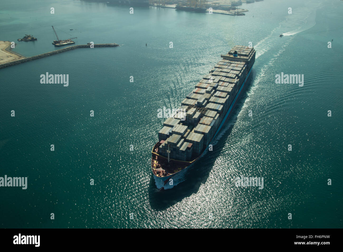 Aerial view of a cargo container ship in Dubai, UAE. Stock Photo