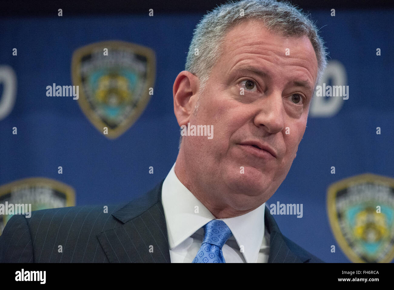 New York, United States. 23rd Feb, 2016. Mayor de Blasio speaks to the press. NYC Mayor Bill de Blasio and Police Commissioner William Bratton held a press briefing at One Police Plaza, the headquarters of the NYPD, to announce the launch of 'CompStat 2.0,' a new system for both publicly sharing crime data and enabling much accelerated distribution of vital police information resources among officers in the field. Credit:  Albin Lohr-Jones/Pacific Press/Alamy Live News Stock Photo