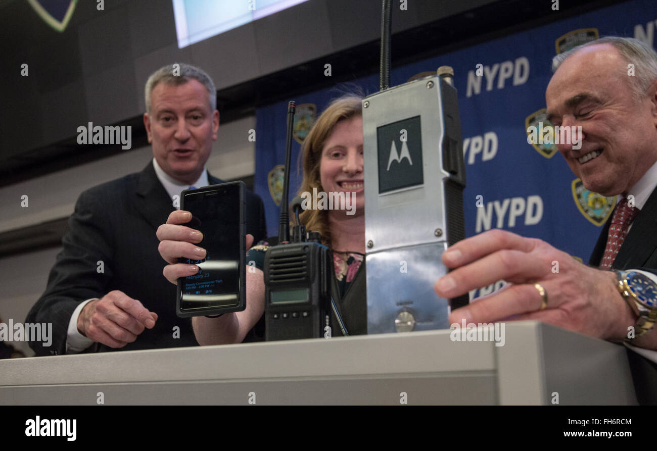 New York, United States. 23rd Feb, 2016. Three generations of police communication device are put on display. NYC Mayor Bill de Blasio and Police Commissioner William Bratton held a press briefing at One Police Plaza, the headquarters of the NYPD, to announce the launch of 'CompStat 2.0,' a new system for both publicly sharing crime data and enabling much accelerated distribution of vital police information resources among officers in the field. Credit:  Albin Lohr-Jones/Pacific Press/Alamy Live News Stock Photo