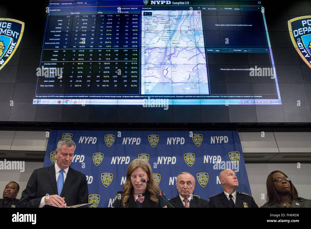 NYPD Deputy Commissioner of Information Technology Jessica Tisch (bottom center) explains to the press one of the cases where officers used the new department-issued technology as the monitor above her displays illustrative examples of CompStat 2.0 in use . NYC Mayor Bill de Blasio and Police Commissioner William Bratton held a press briefing at One Police Plaza, the headquarters of the NYPD, to announce the launch of 'CompStat 2.0,' a new system for both publicly sharing crime data and enabling much accelerated distribution of vital police information resources among officers in the field. (P Stock Photo