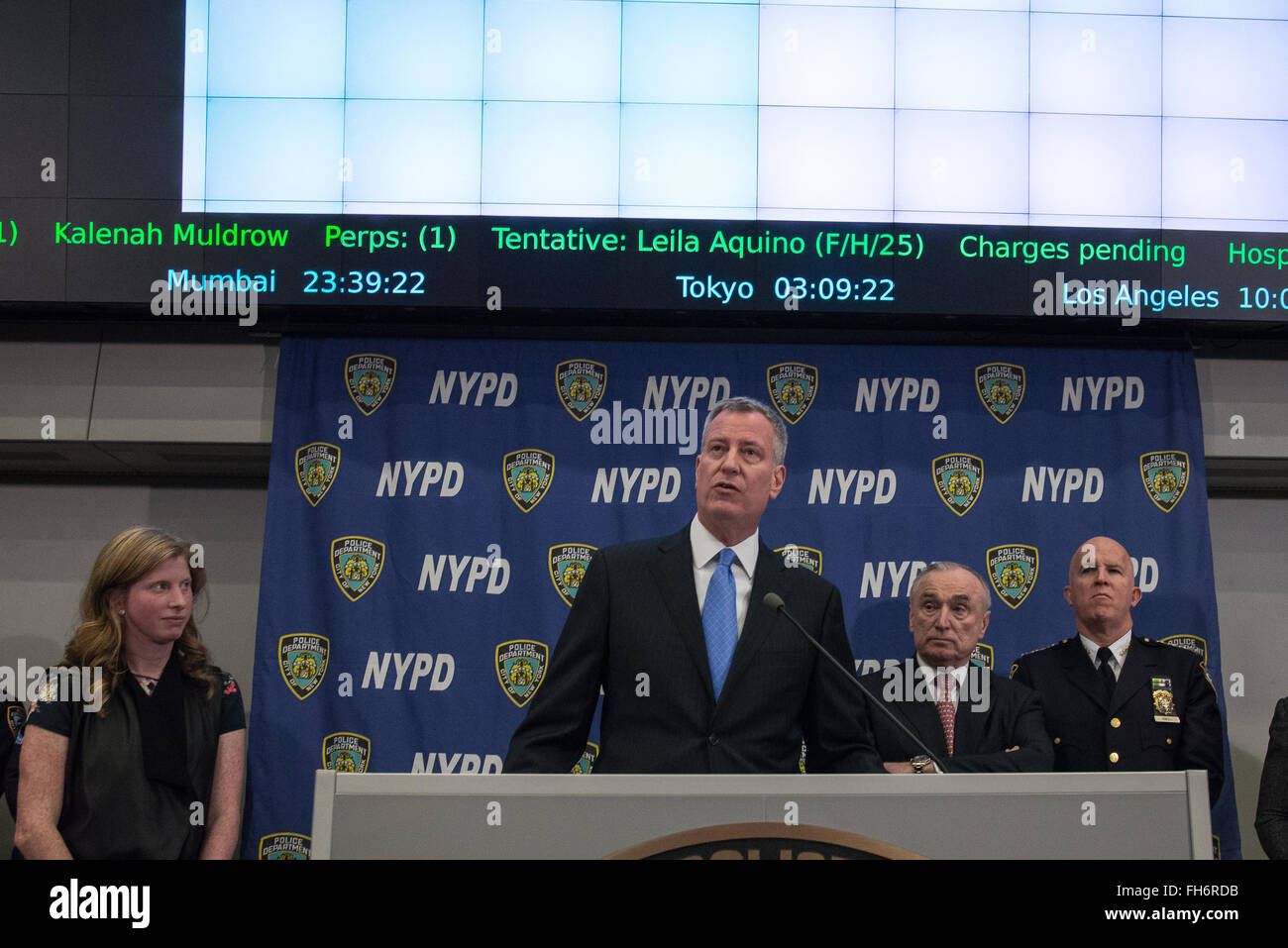New York, United States. 23rd Feb, 2016. Mayor de Blasio offers his openning remarks at the press conference. NYC Mayor Bill de Blasio and Police Commissioner William Bratton held a press briefing at One Police Plaza, the headquarters of the NYPD, to announce the launch of 'CompStat 2.0,' a new system for both publicly sharing crime data and enabling much accelerated distribution of vital police information resources among officers in the field. Credit:  Albin Lohr-Jones/Pacific Press/Alamy Live News Stock Photo