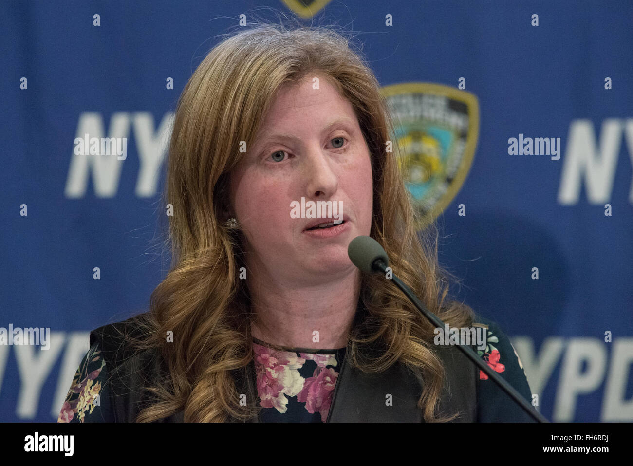 New York, United States. 23rd Feb, 2016. NYPD Deputy Commissioner of Information Technology Jessica Tisch speaks to the press. NYC Mayor Bill de Blasio and Police Commissioner William Bratton held a press briefing at One Police Plaza, the headquarters of the NYPD, to announce the launch of 'CompStat 2.0,' a new system for both publicly sharing crime data and enabling much accelerated distribution of vital police information resources among officers in the field. Credit:  Albin Lohr-Jones/Pacific Press/Alamy Live News Stock Photo