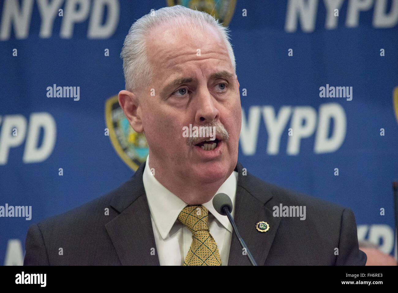 New York, United States. 23rd Feb, 2016. NYPD Chief of Detectives Robert Boyce responds to a question from the press. NYC Mayor Bill de Blasio and Police Commissioner William Bratton held a press briefing at One Police Plaza, the headquarters of the NYPD, to announce the launch of 'CompStat 2.0,' a new system for both publicly sharing crime data and enabling much accelerated distribution of vital police information resources among officers in the field. Credit:  Albin Lohr-Jones/Pacific Press/Alamy Live News Stock Photo
