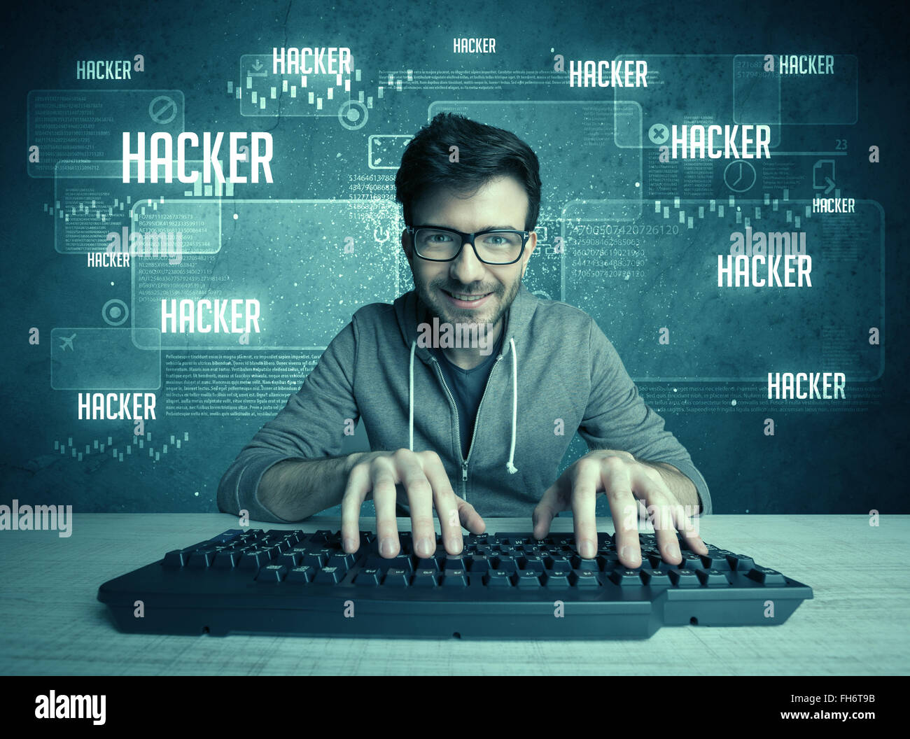 Computer Hacker Keyboard Hacker with keyboard and glasses Stock Photo - Alamy