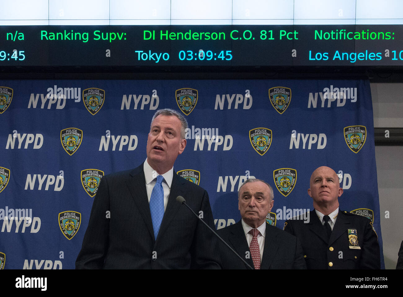 New York, United States. 23rd Feb, 2016. Mayor de Blasio offers his openning remarks at the press conference. NYC Mayor Bill de Blasio and Police Commissioner William Bratton held a press briefing at One Police Plaza, the headquarters of the NYPD, to announce the launch of 'CompStat 2.0,' a new system for both publicly sharing crime data and enabling much accelerated distribution of vital police information resources among officers in the field. Credit:  Albin Lohr-Jones/Pacific Press/Alamy Live News Stock Photo