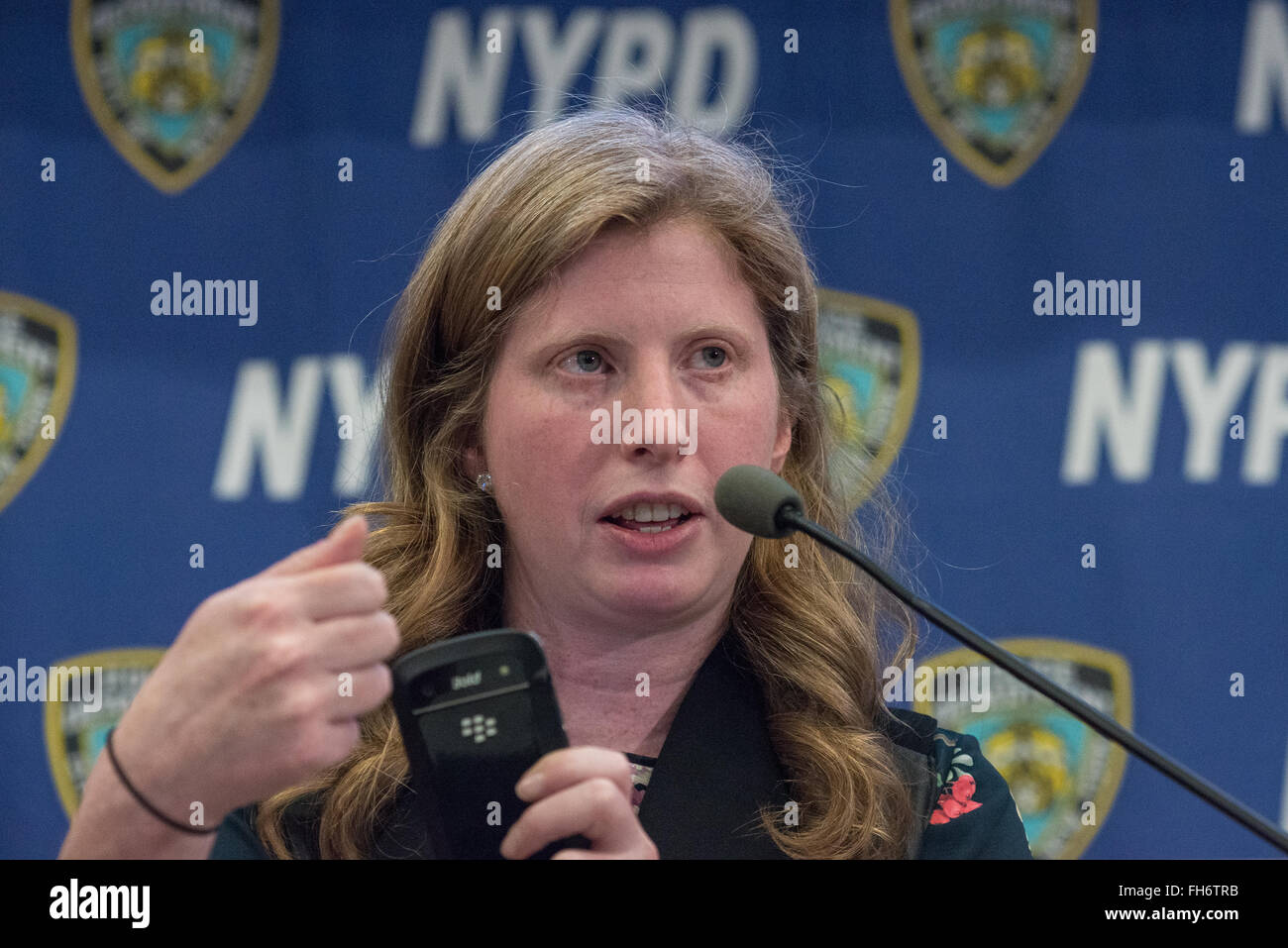 New York, United States. 23rd Feb, 2016. NYPD Deputy Commissioner of Information Technology Jessica Tisch speaks to the press. NYC Mayor Bill de Blasio and Police Commissioner William Bratton held a press briefing at One Police Plaza, the headquarters of the NYPD, to announce the launch of 'CompStat 2.0,' a new system for both publicly sharing crime data and enabling much accelerated distribution of vital police information resources among officers in the field. Credit:  Albin Lohr-Jones/Pacific Press/Alamy Live News Stock Photo