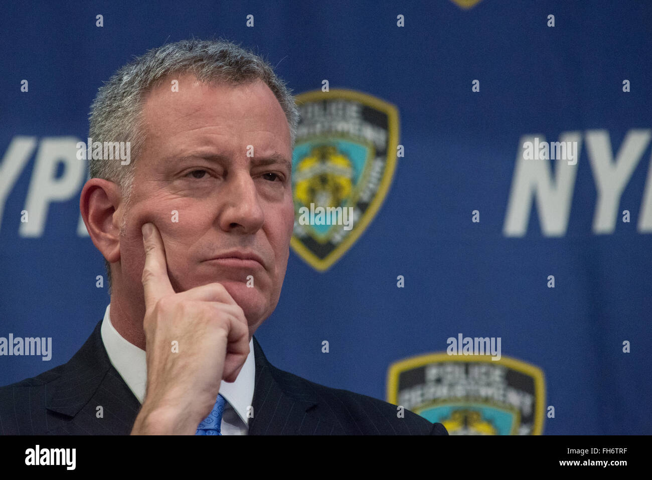 New York, United States. 23rd Feb, 2016. NYC Mayor Bill de Blasio and Police Commissioner William Bratton held a press briefing at One Police Plaza, the headquarters of the NYPD, to announce the launch of 'CompStat 2.0,' a new system for both publicly sharing crime data and enabling much accelerated distribution of vital police information resources among officers in the field. Credit:  Albin Lohr-Jones/Pacific Press/Alamy Live News Stock Photo