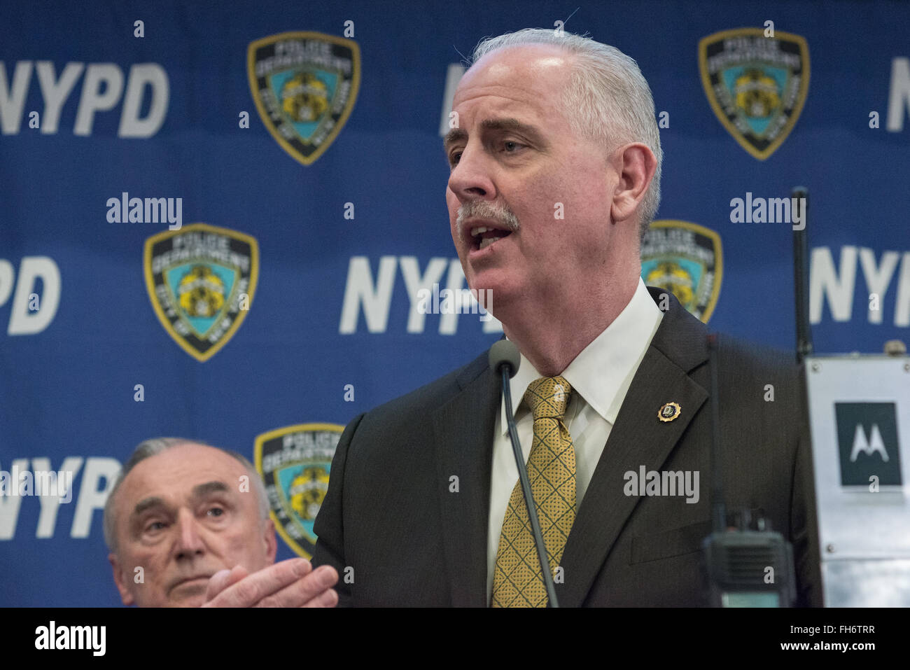 New York, United States. 23rd Feb, 2016. NYPD Chief of Detectives Robert Boyce responds to a question from the press. NYC Mayor Bill de Blasio and Police Commissioner William Bratton held a press briefing at One Police Plaza, the headquarters of the NYPD, to announce the launch of 'CompStat 2.0,' a new system for both publicly sharing crime data and enabling much accelerated distribution of vital police information resources among officers in the field. Credit:  Albin Lohr-Jones/Pacific Press/Alamy Live News Stock Photo