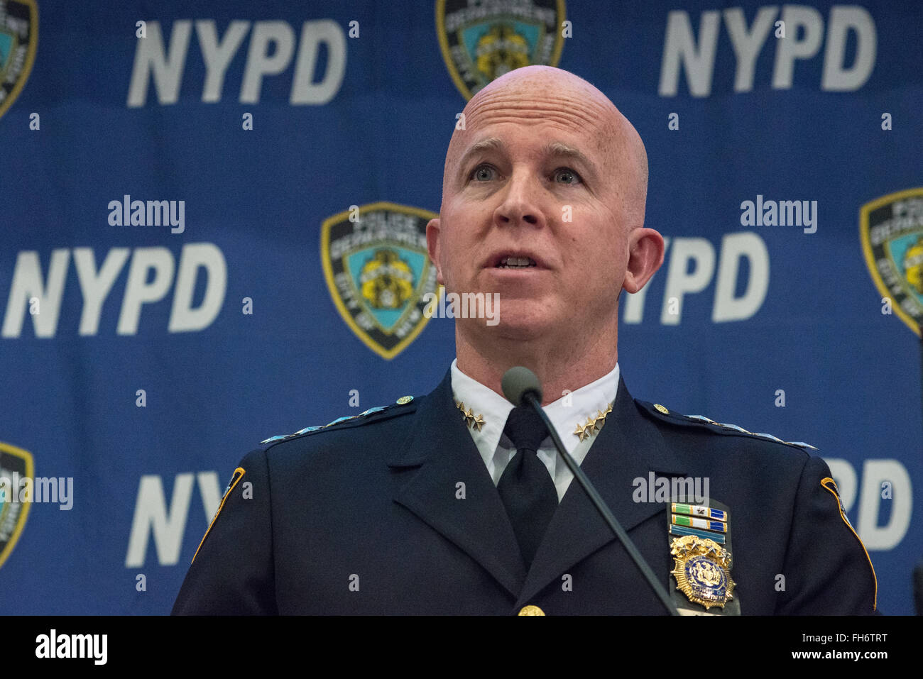 New York, United States. 23rd Feb, 2016. NYPD Chief of the Department James O'Neill answers a question posed by a reporter. NYC Mayor Bill de Blasio and Police Commissioner William Bratton held a press briefing at One Police Plaza, the headquarters of the NYPD, to announce the launch of 'CompStat 2.0,' a new system for both publicly sharing crime data and enabling much accelerated distribution of vital police information resources among officers in the field. Credit:  Albin Lohr-Jones/Pacific Press/Alamy Live News Stock Photo