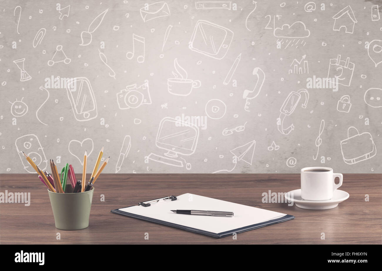 Design office desk with drawings background Stock Photo - Alamy