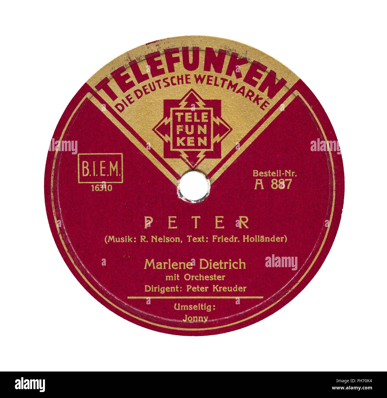 Marlene Dietrich 78 rpm Telefunken record label isolated on white - released September 1931 (Germany) “Peter” Stock Photo
