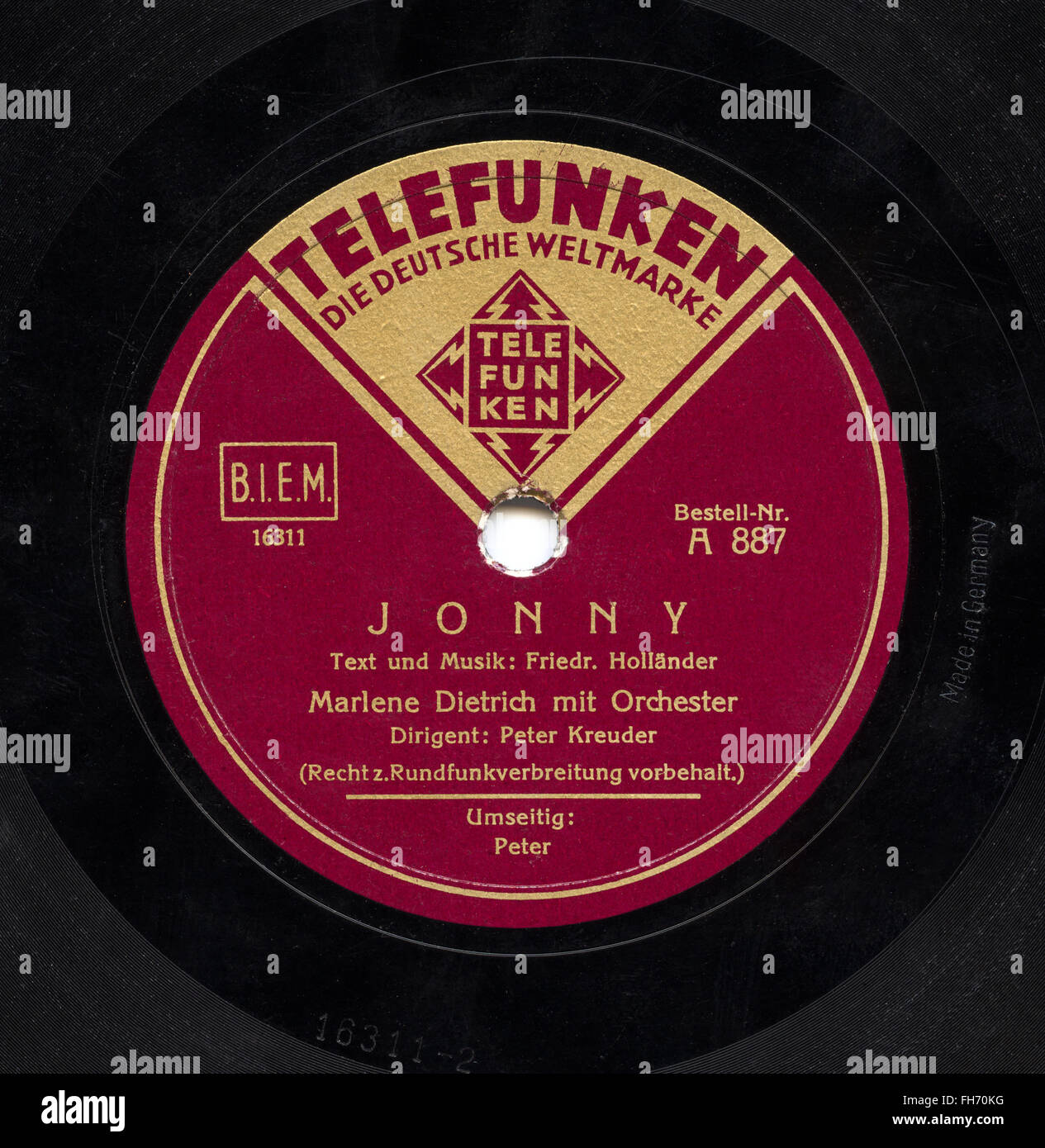 Marlene Dietrich 78 rpm Telefunken record label released September 1931 (Germany) “Jonny” Stock Photo