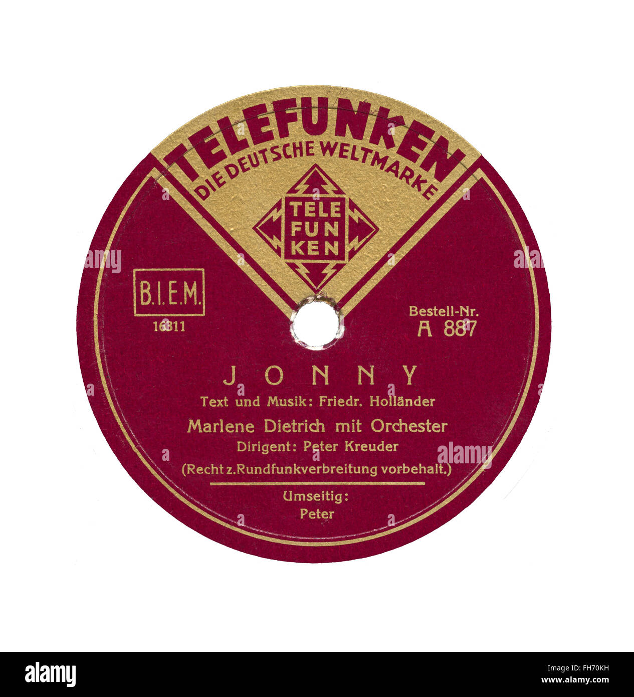 Marlene Dietrich (1901-1992) 78 rpm Telefunken record label isolated on white - released September 1931 (Germany) “Jonny” Stock Photo