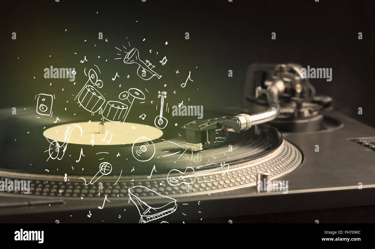 Turntable playing classical music with icon drawn instruments Stock ...