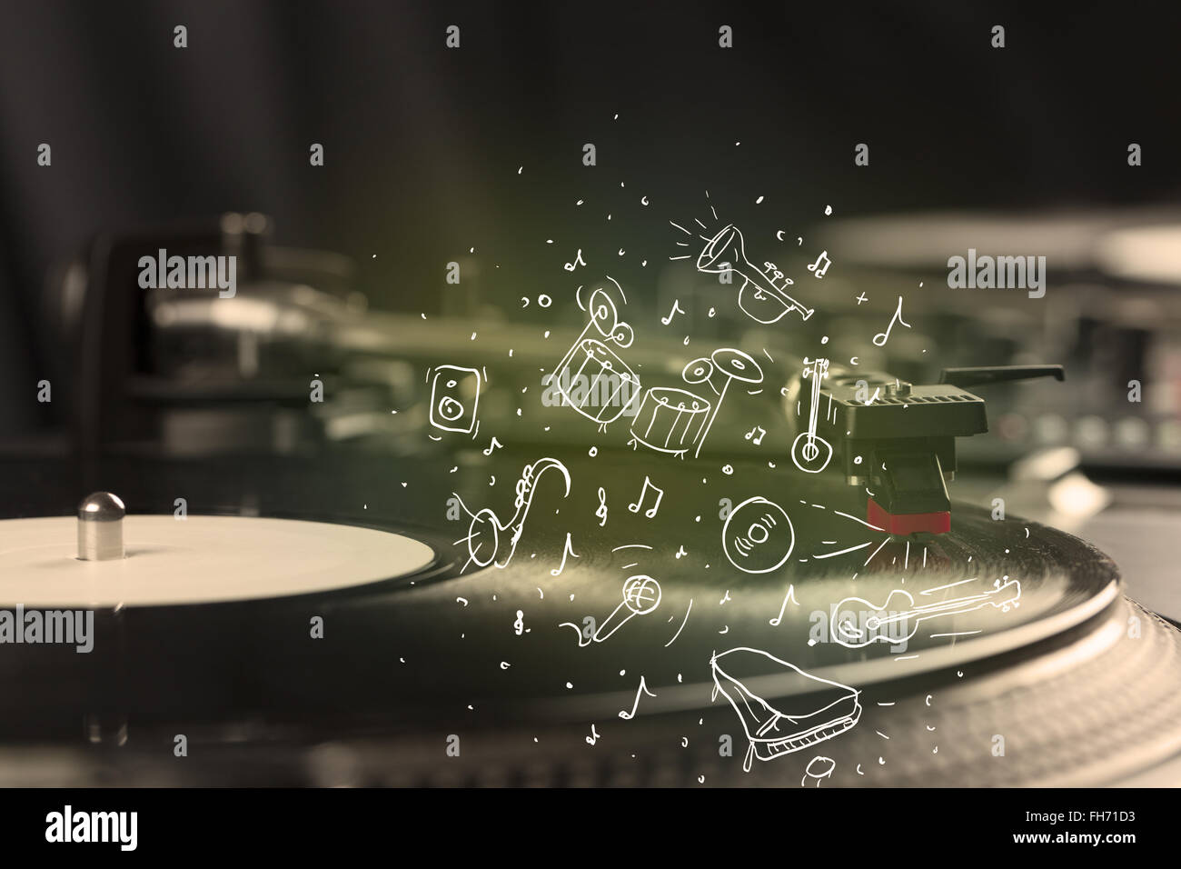 Turntable playing classical music with icon drawn instruments Stock ...