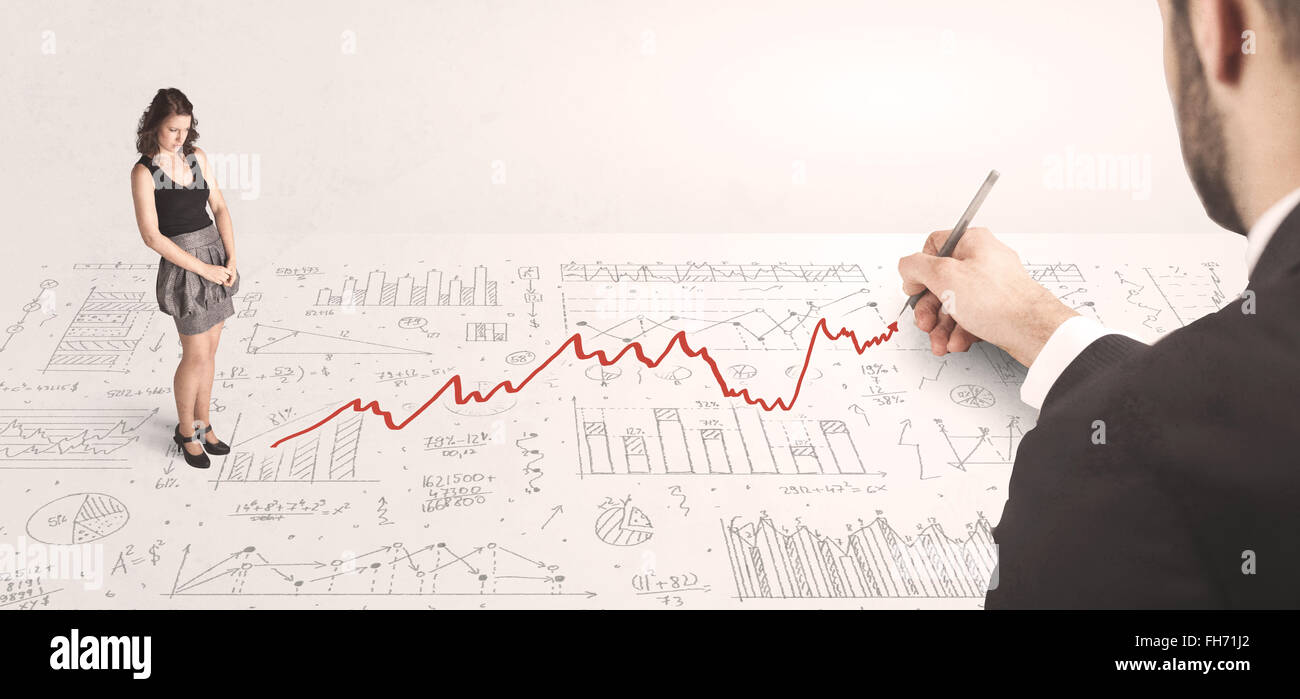 Business woman looking at red arrow drawn by a hand Stock Photo - Alamy