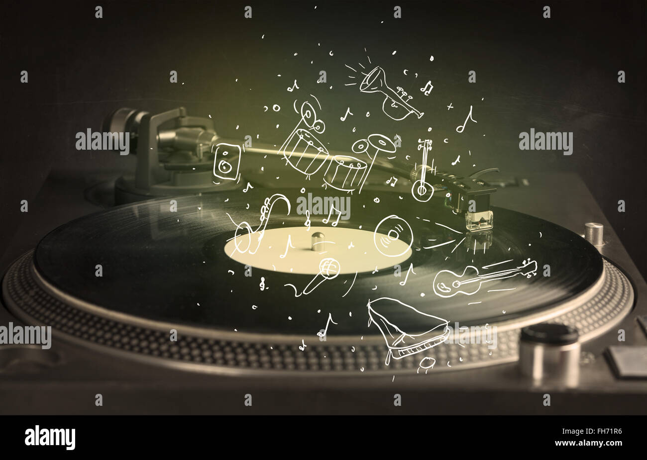 Turntable playing classical music with icon drawn instruments Stock