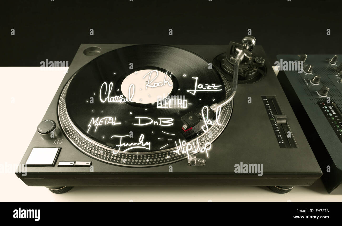 Turntable with vinyl and music genres writen Stock Photo - Alamy