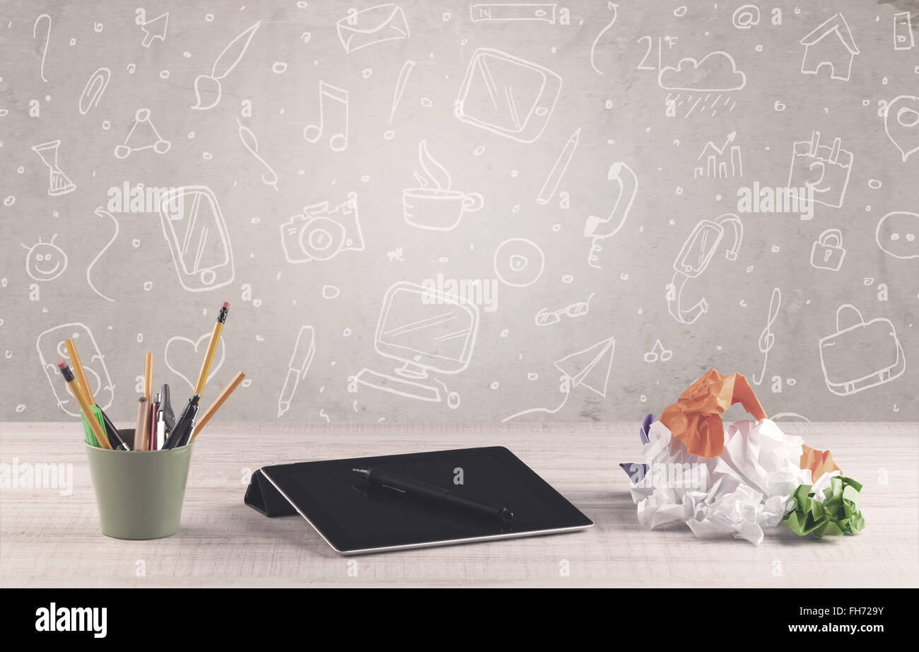 Design office desk with drawings background Stock Photo - Alamy
