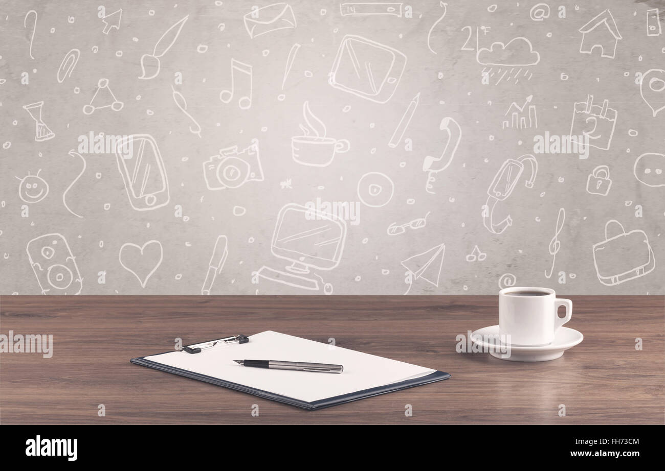 Design office desk with drawings background Stock Photo - Alamy