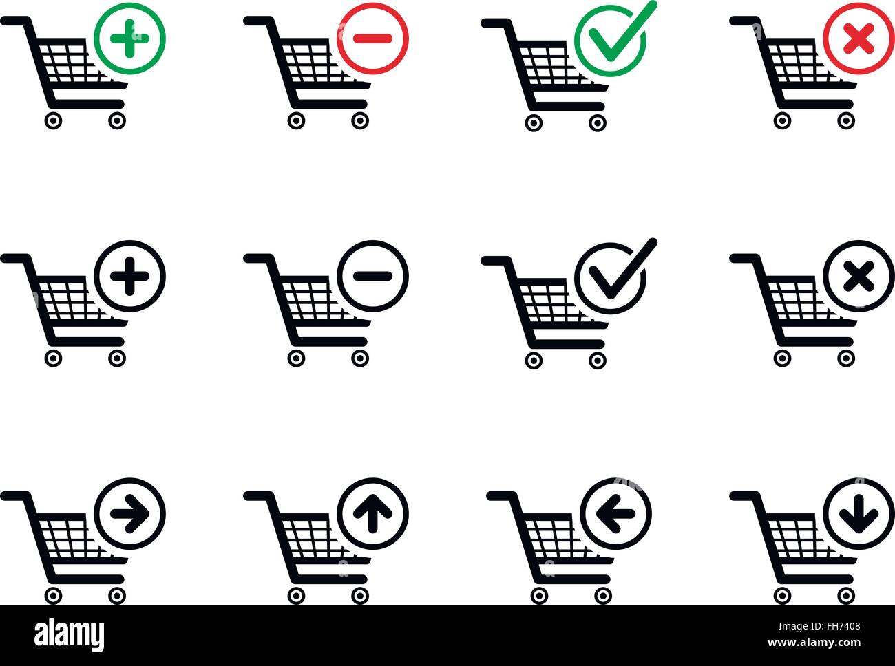 Set of black shopping carts icons with add, delete and move signs Stock