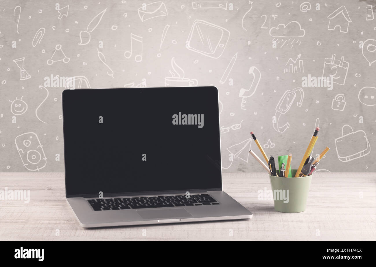 Design office desk with drawings background Stock Photo - Alamy