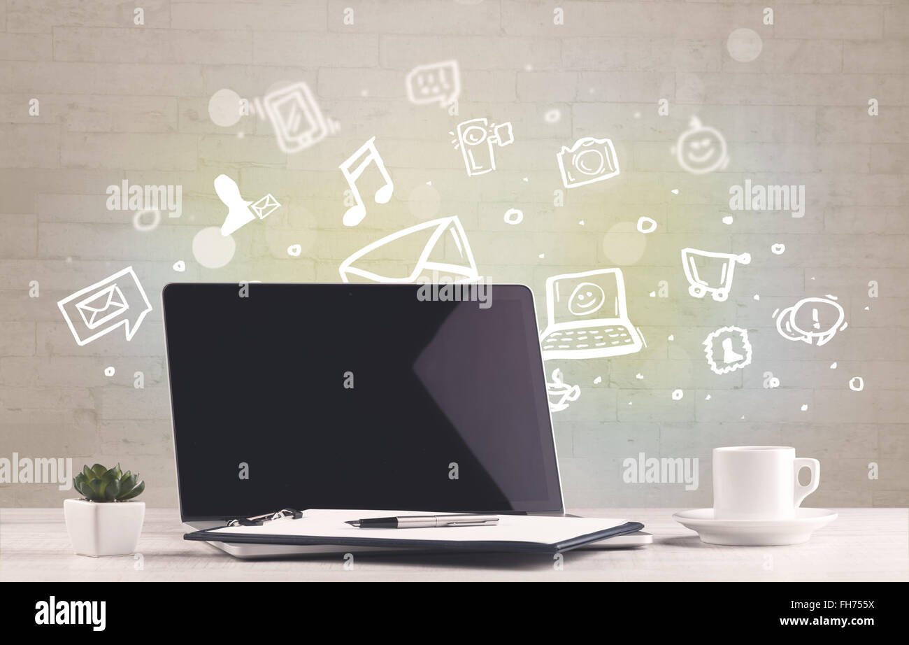 Office desk with communication icons Stock Photo - Alamy