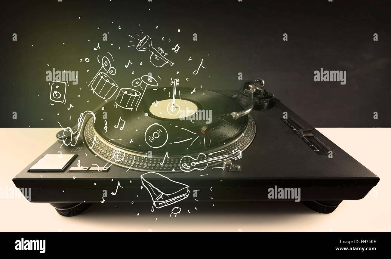 Turntable playing classical music with icon drawn instruments Stock ...