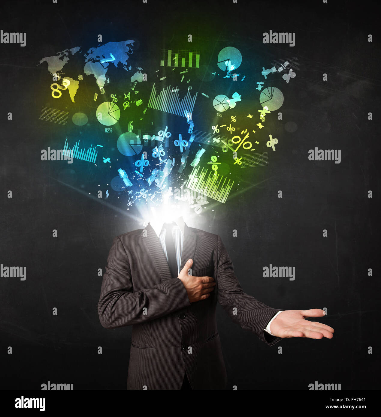 Exploding Businessman Business man in suit with graph and charts exploding from his body ...