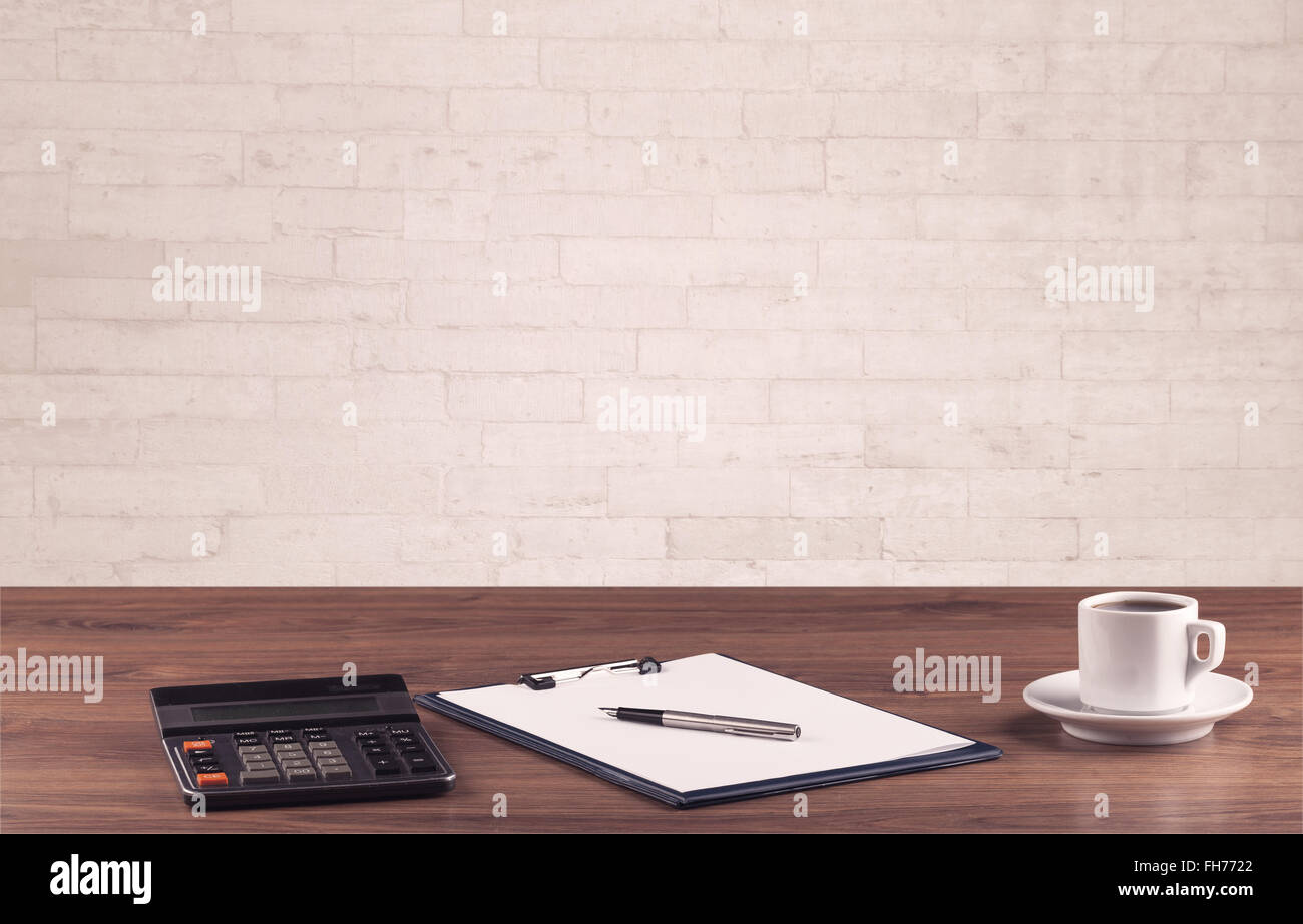 Office Desk Closeup With White Brick Wall Stock Photo 96660202